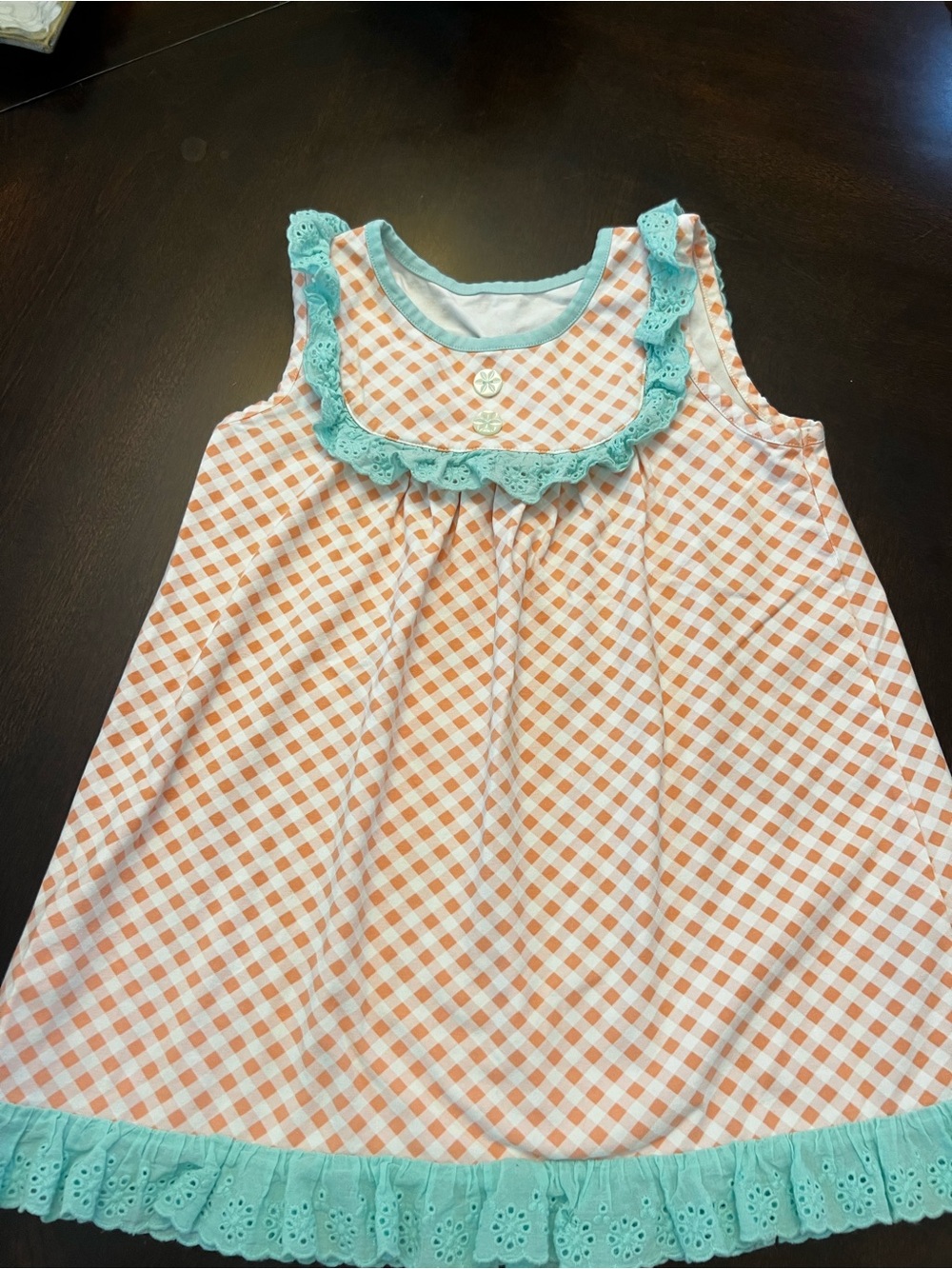 Shrimp & Grits Girls Orange Gingham Dress with Mint Eyelet Trim - Kids Casual